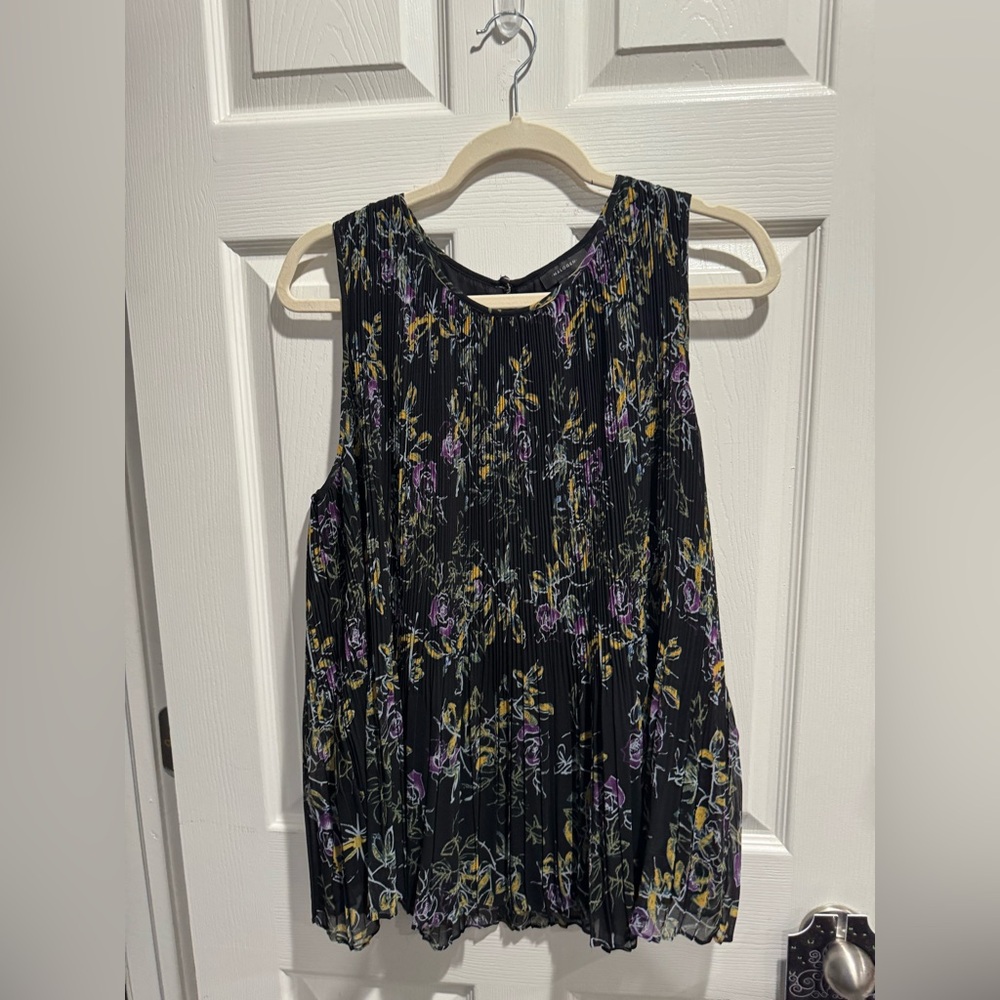 Halogen Sleeveless Black Pleated Botanical Print Top Large